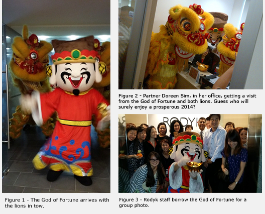 Three images of Rodyk The God of Fortune.  One with lions in tow, one with lions and Partner Doreen Sim and one with staff.
