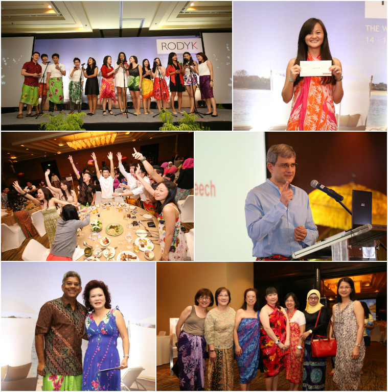 6 images from the celebration. Top left is staff on stage wearing traditional sarongs. Center left is staff at dinner raising their hands. Bottom left is a couple persumably prize winners. Top right is a young lady displaying her prize envelope. Center right is a speark, Phillip Jeyaretnam, and bottom right is 7 ladies, in their sarongs. 
